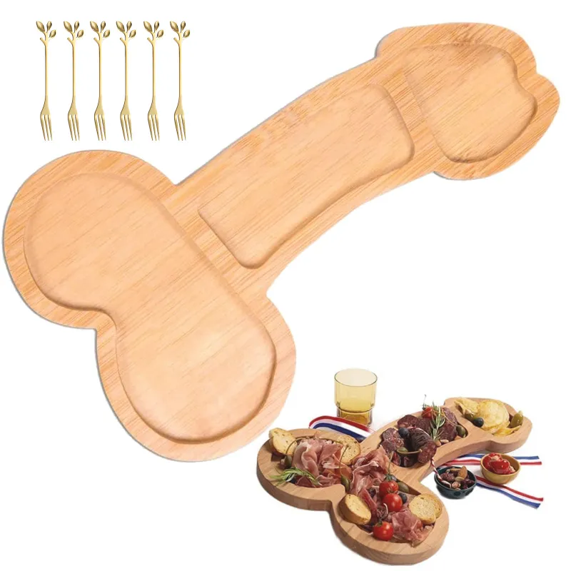 Platou pentru servire, Axroad Mall, Platou branzeturi din lemn, Cu 3 compartimente, Cu 6 furculite pentru deserturi din inox, Curatare manuala, Usor de intretinut, Pentru petreceri si evenimente, 40*20.5cm, Bej