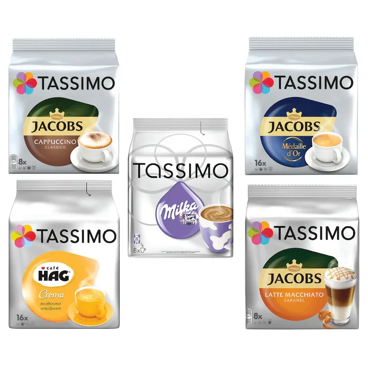 Set 5 x Capsule Jacobs Tassimo Cappuccino, Hag, Milka, Medaille D'or, Latte Macchiato 56 bauturi
