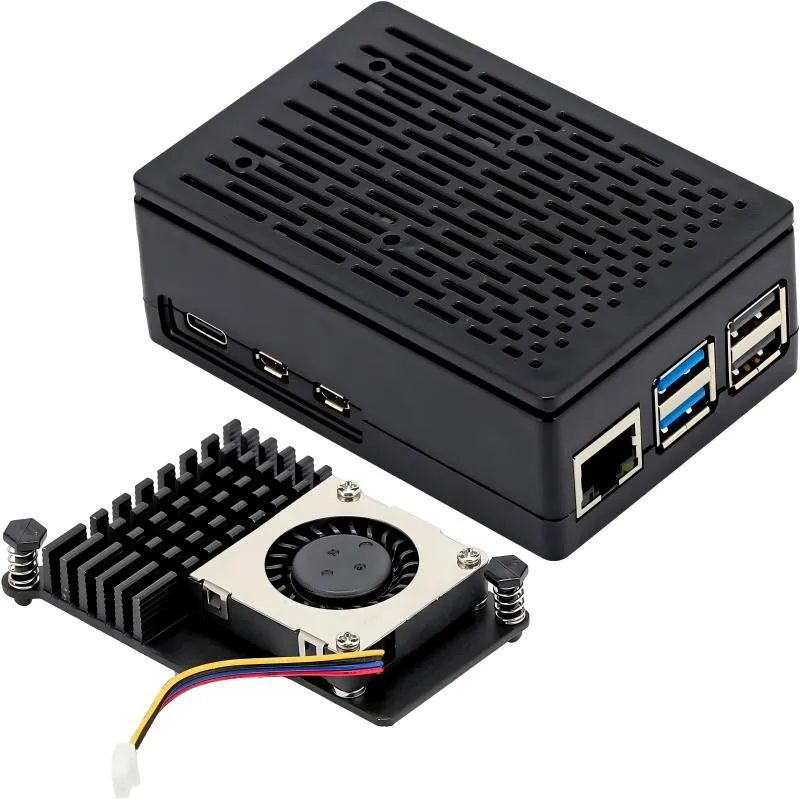 Carcasa Radiator Raspberry Pi 5, cu Sistem Avansat de Racire - Set complet cu Radiator din Aluminiu, Ventilator PWM si Heatpipe - Protectie Impotriva Supraincalzirii si Deteriorarilor Mecanice - Negru