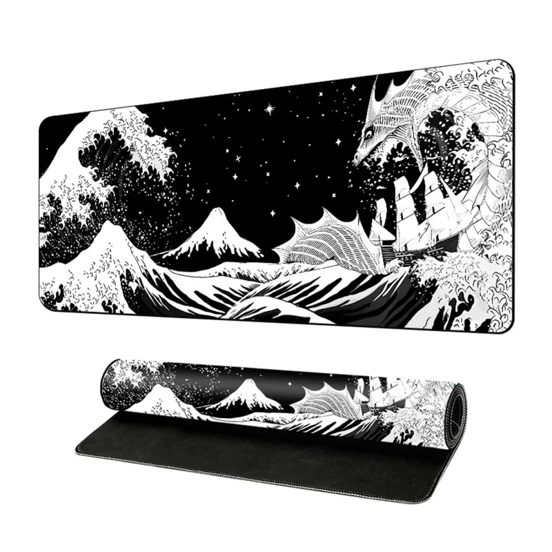 MousePad Gaming, Cauciucat, Anti-Derapant, Cusaturi Anti-Rupere, Viteza de Alunecare Marita, munti si mare, alb-negru, Potrivit pentru jocuri si birou,90*40cm