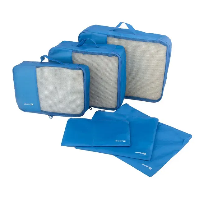 Set organizatoare bagaj 6 piese Airport, poliester ripstop si plasa, 36 x 15 x 27 cm, albastru