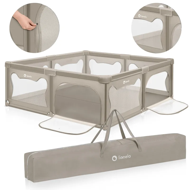 Tarc de joaca copii, Lionelo, Willow XL, 180 x 200 cm, Pliere compacta, Include geanta de transport, Din plasa, Cu doua intrari laterale si fermoar, Cu ventuze pentru stabilitate, Conform cu EN 12227:2010, Bej