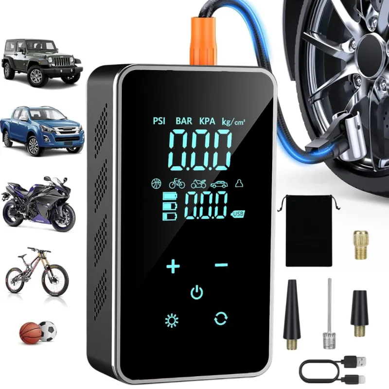 Compresor auto electric, Multifunctional 12V, Pompa de aer 6 in 1 Dasbo® cu afisaj digital LCD Full-Touch, Lanterna LED, Baterie interna 4000 mAh, Verificare presiune 150PSI, Oprire automata Manometru digital cu 4 moduri presetate, Baterie interna, Negru
