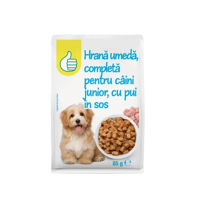 Hrana umeda pentru caini juniori Pouce, pui in sos, 85 g