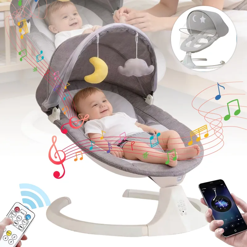Leagan electric bebe si copii cu acoperis rabatabil si plasa protectie, muzical, conexiune bluetooth, telecomanda, 5 trepte balans, jucarii de plus, 3 moduri alimentare, baieti si fete, gri