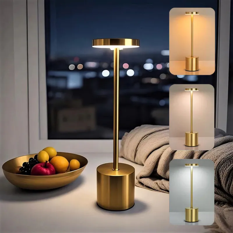 Lampa de masa LED metalica, LYNDNICE, control tactil, 3 tipuri de iluminare, Reglarea luminozitatii, auriu