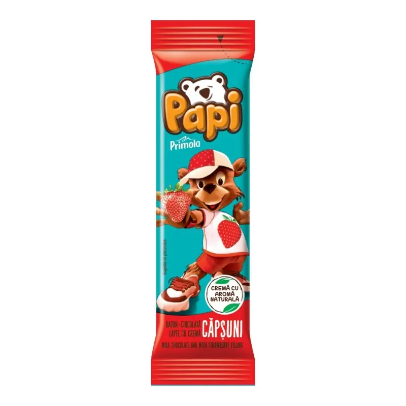 Baton de ciocolata lapte cu crema capsuni Primola Papi, 26.8 g