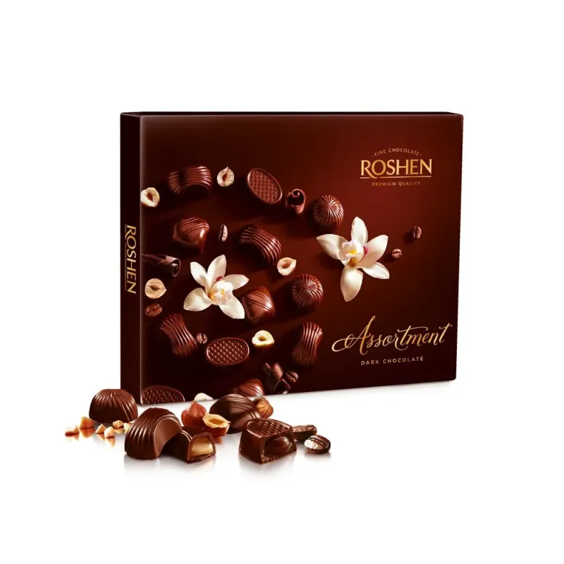 Praline de ciocolata neagra cu crema cu diverse arome Roshen Assortment, 145 g