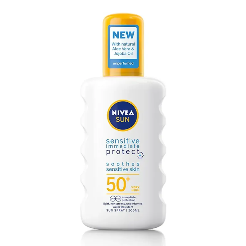Spray de protectie solara Nivea Sun cu actiune rapida Sensitive SPF 50+, 200 ml