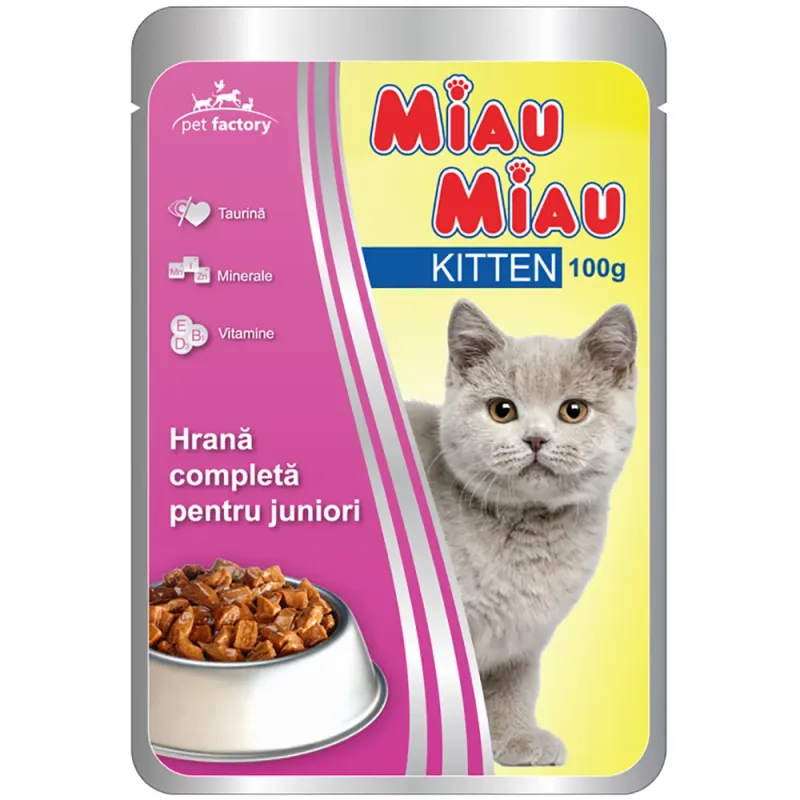 Hrana umeda pentru pisici junioare Miau Miau cu carne de pui, 100 g
