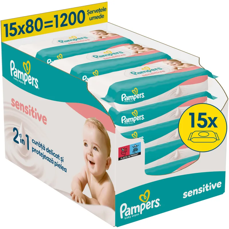 Servetele umede Pampers Sensitive, 15 pachete x 80 servetele, 1200 buc