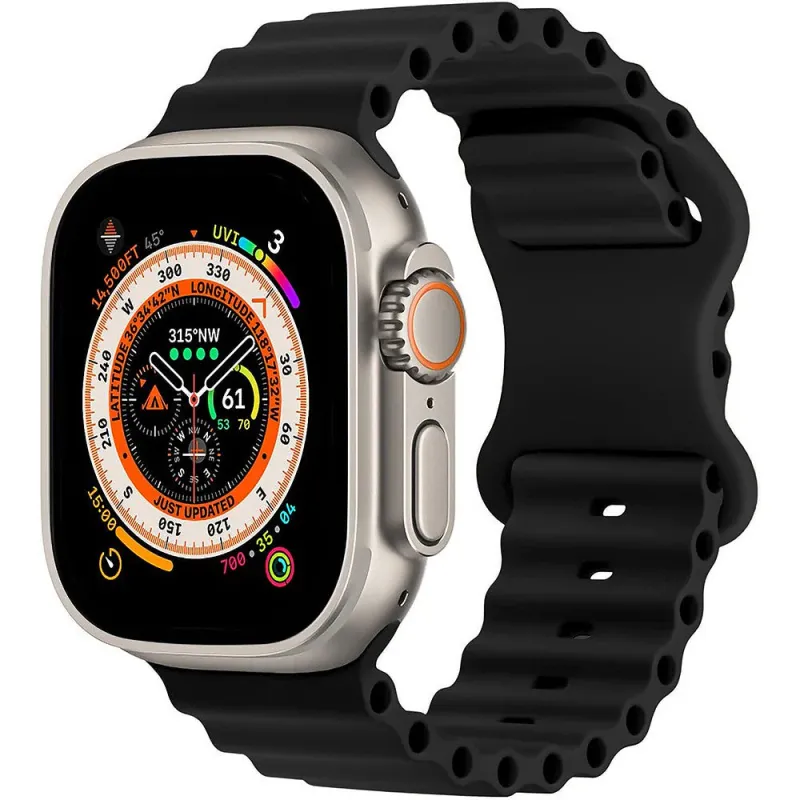 Curea Silicon Ocean Loop compatibila cu Apple Watch Ultra3/Ultra 2/Ultra/SE3/SE2/SE/11/10/9/8/7/6/5/4/3/2/1 - 42/44/45/46/49MM CASEY STUDIOS™, Ajustabila, Respirabila, Silicon moale placut la atingere, Negru