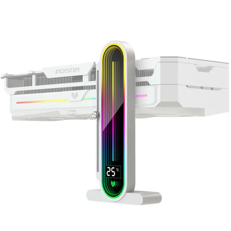 Suport pentru placa video, eleBite®, ajustabil pe inaltime, baza magnetica, afisaj temperatura, suport puternic, lumina RGB cu efect oglinda, DC 5V, 93x33x190mm, alb