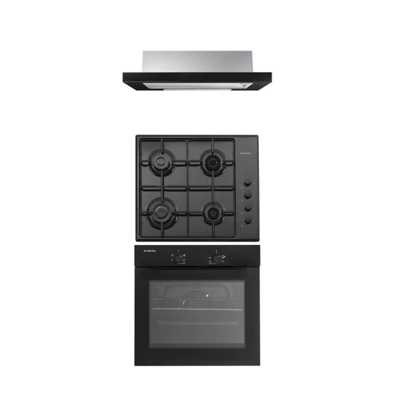 Pachet cuptor electric, plita gaz si hota telescopica Trio Mirage Iseo Black Studio Casa, 56 l, Clasa energetica A, 6 functii, 4 arzatoare gaz, 2 motoare, Negru