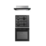 Pachet cuptor electric, plita gaz si hota telescopica Trio Mirage Iseo Black Studio Casa, 56 l, Clasa energetica A, 6 functii, 4 arzatoare gaz, 2 motoare, Negru