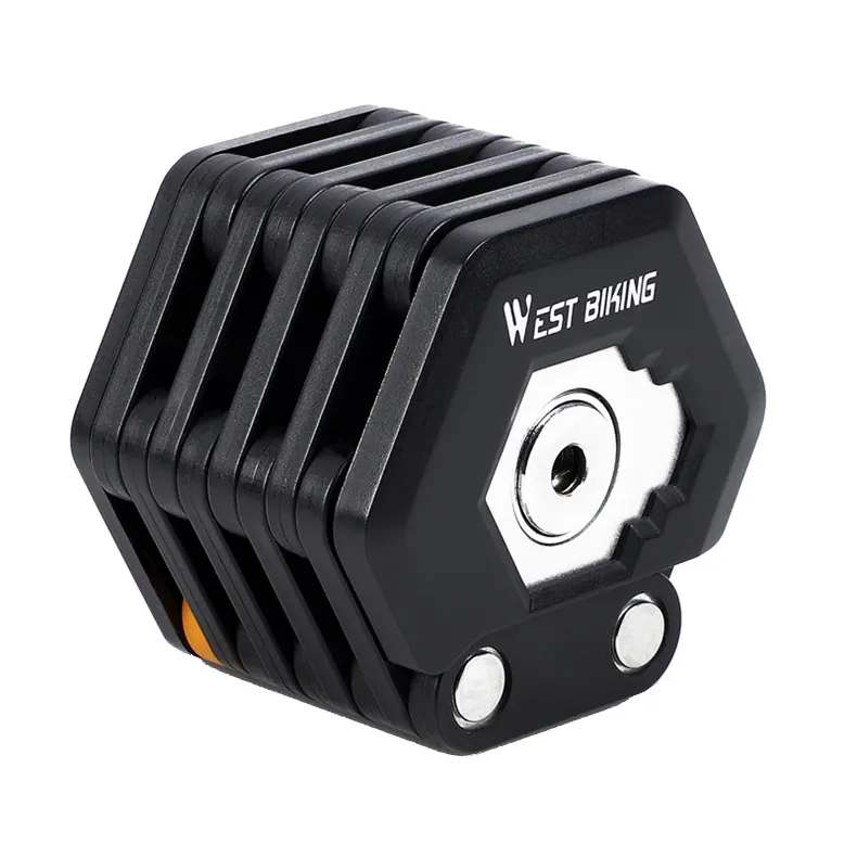 Antifurt mini cu cheie si suport prindere pentru biciclete de oras si electrice, motociclete, trotinete, scutere, sistem antifurt, anti-taiere si anti-gaurire, lungime 78 cm, pliabil, otel+zinc, West Biking, negru