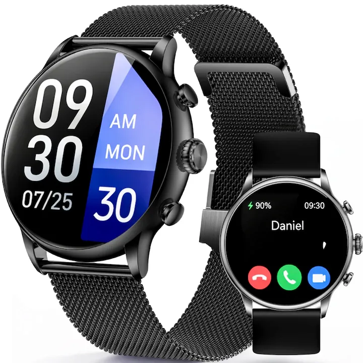 Ceas smartwatch, Smartwatch HARMONIQ®, Ecran AMOLED rotund 1.43", Monitorizare Sanatate, Functii smart, Rezistent IP67, Ceas Inteligent Fitness, Apel Bluetooth, Bratara fitness, Microfon HD, compatibil cu iOS & Android, Curea metalica si silicon, Negru