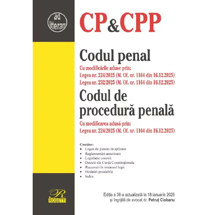 Codul Penal. Codul De Procedura Penala Ed.36 Act.18 Ianuarie 2026 - Petrut Ciobanu