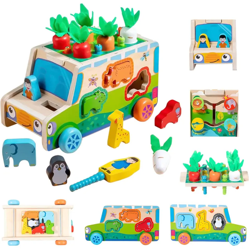 Jucarie Educativa Montessori Din Lemn, HaploS®, Sortare Forme, cu Personaje, Morcovi si Blocuri de Constructie pentru Animale, Pentru Baieti Si Fete De 2 3 4 Ani