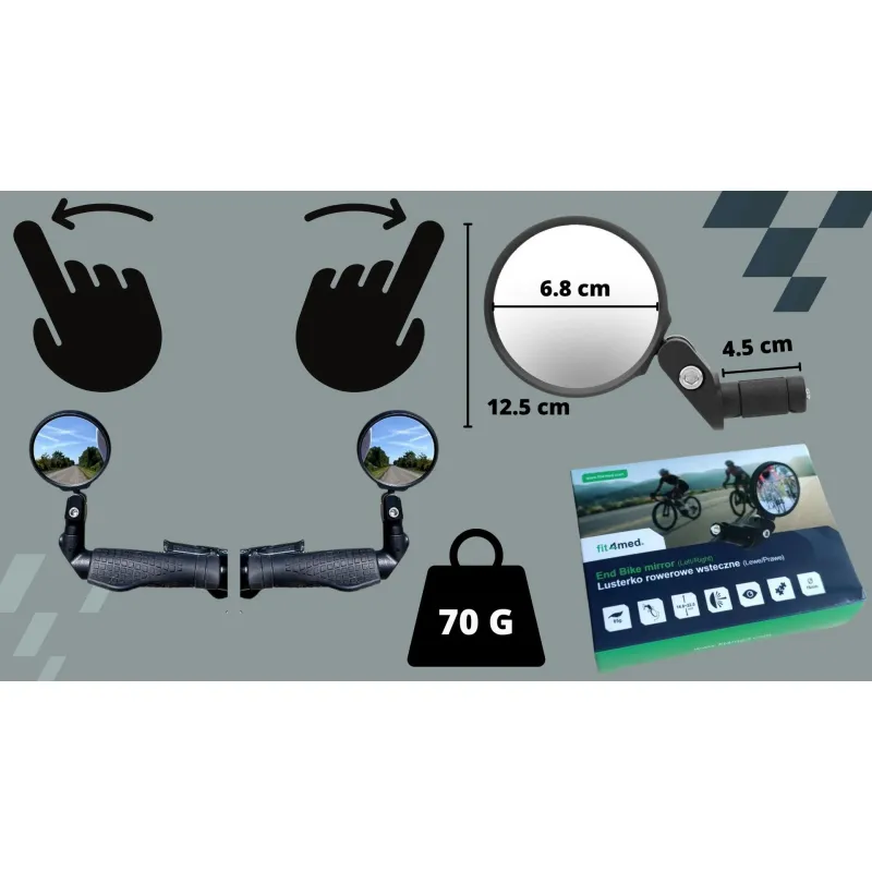 Oglinda retrovizoare pentru bicicleta, Fit4Med, Universala, Reglare 360 de grade, Neagra, Diametru 68 mm, Se potriveste cu ghidonuri de 14, 8-22, 5 mm, Otel inoxidabil, Nylon, Rezistent la socuri