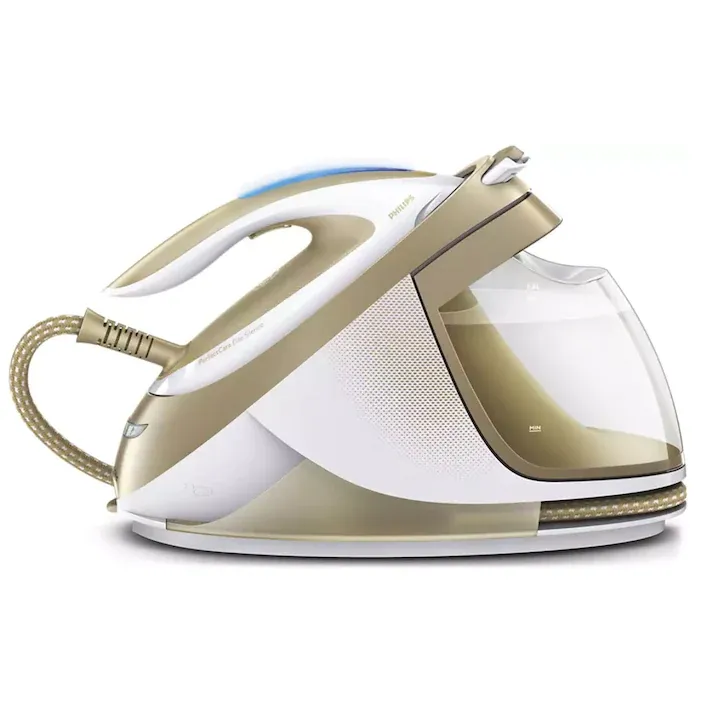 Statie Philips profesionala de calcat PerfectCare, Functionare cu Abur, Presiune 7.2 bari, Rezervor detasabil 1.8 l, Indicator Sonor, Talpa T-ionicGlide, 2400 W, Lungime furtun 1,7 m, Alb/Bej