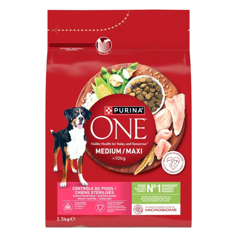 Hrana uscata pentru caini adulti sterilizati Purina One Medium Maxi Weight Control/ Sterilised, curcan si orez, 2.5 kg