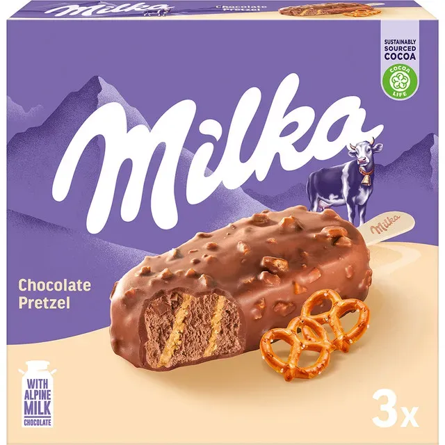 Inghetata pe bat cu cacao, amestec de covrig sarat si ciocolata cu lapte Milka Pretzel, 3 bucati