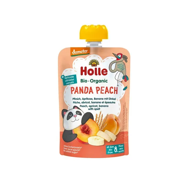 Piure de piersici, caise, banane si fulgi de grau Holle Baby, de la 8 luni, 100 g