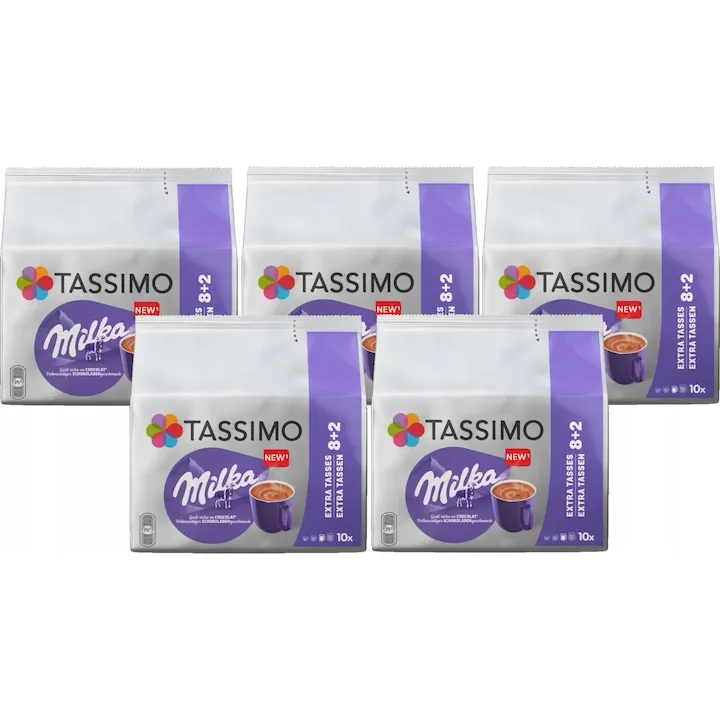 Capsule ciocolată caldă TASSIMO Milka, set 5 pachete x 10 capsule, aromă îmbunătățită, 800 g