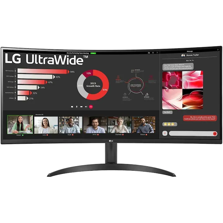 Monitor LED Curbat LG UltraWide™ 34WR50QK-B, 34", UWQHD (3440x1440), 100Hz, 5ms (GtG), HDR 10, Dynamic Action Sync, Super Resolution+, Reader Mode, Black Stabilizer, Anti-Flicker, PBP, Smart Energy Saving, 2xHDMI, DP 1.4, VESA 100x100mm, Negru