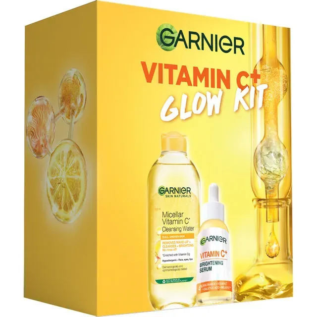 Set pentru cadou Garnier Vitamin C+ Glow Kit: serum, 30 ml + apa micelara, 400 ml