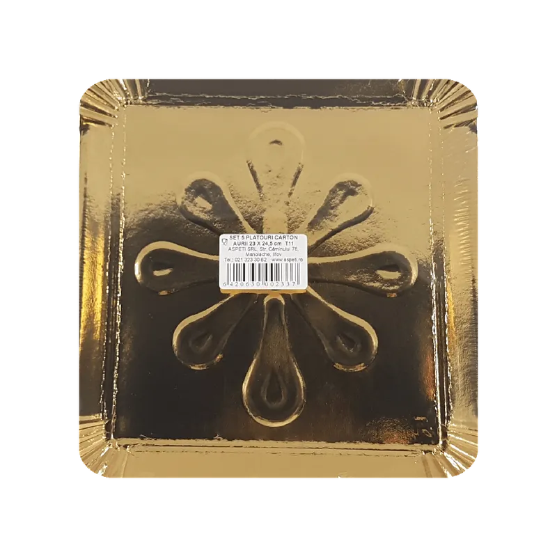 Set platouri de unica folosinta Aspeti, 5 bucati, 23 x 24.5 cm, carton, aurii