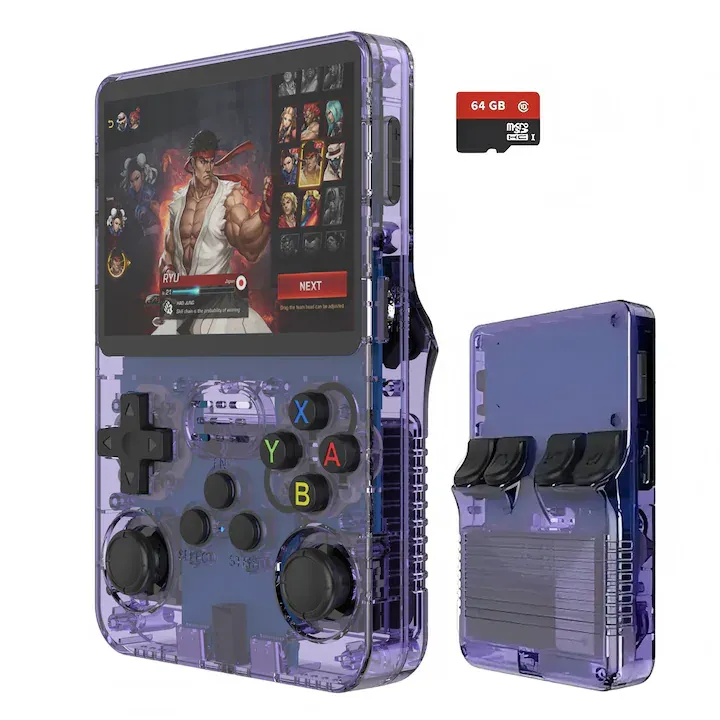 Consola retro portabila R36S Bluvista®, 64GB cu jocuri, 15000 jocuri, ArkOS 2.0, IPS LCD 3.5" 640x480, CPU RK3326, GPU MALI-G31MP2, 1GB DDR3L, Emulator N64 PSP PS1 PlayStation Sega, Mov transparent