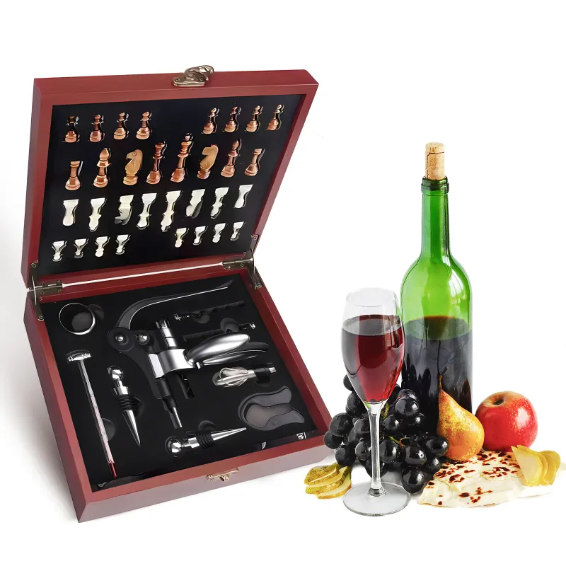 Set de sah si set de vin doua in unu, set de 9 piese, 32 de piese de sah, Fudisenn, desfacator de sticle, din lemn si otel inoxidabil, cadou pentru barbati, multicolor
