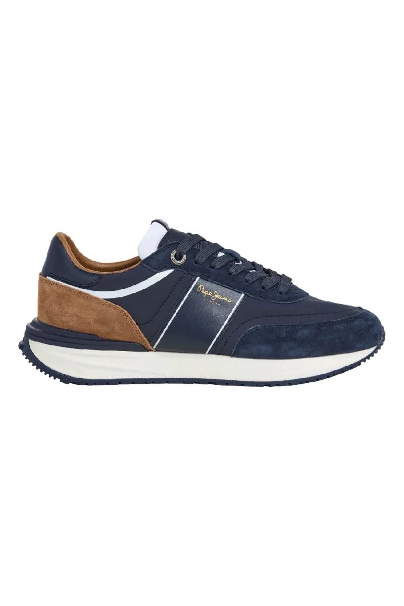 Pepe Jeans London, Pantofi sport din material textil cu talpa plata si insertii din piele intoarsa, Caramel, Bleumarin, 45