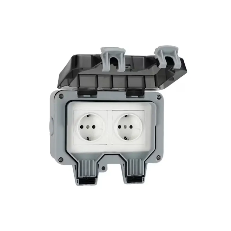 Priza exterior, Dubla, Rezistenta la ploaie IP66, Material PC, staniu fosfor bronz, Potrivit pentru gradinarit, Gri