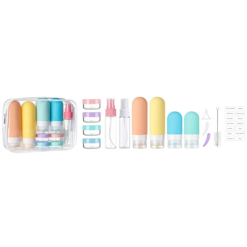 Set 16 Recipienti pentru Calatorie din Silicon – Etansi, Reincarcabili, TSA Approved, Sticlute Squeezable pentru Sampon, Balsam, Lotiune si Gel de Dus – Accesorii Toaleta Travel (Alb)