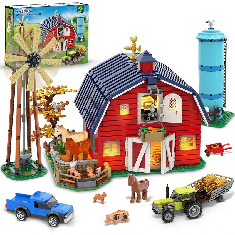 INSOON, Set de constructie a unei case de ferma western cu moara de vant, tractor, cai si animale pentru adulti, adolescenti, baieti si fete 8-12+