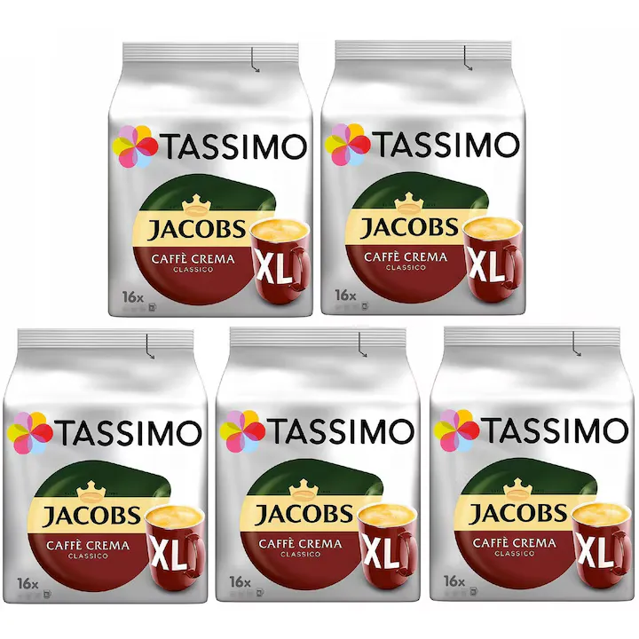 Capsule cafea TASSIMO Jacobs Caffe Crema Classico XL, 5 x 16 capsule, un amestec echilibrat, 132, 8g