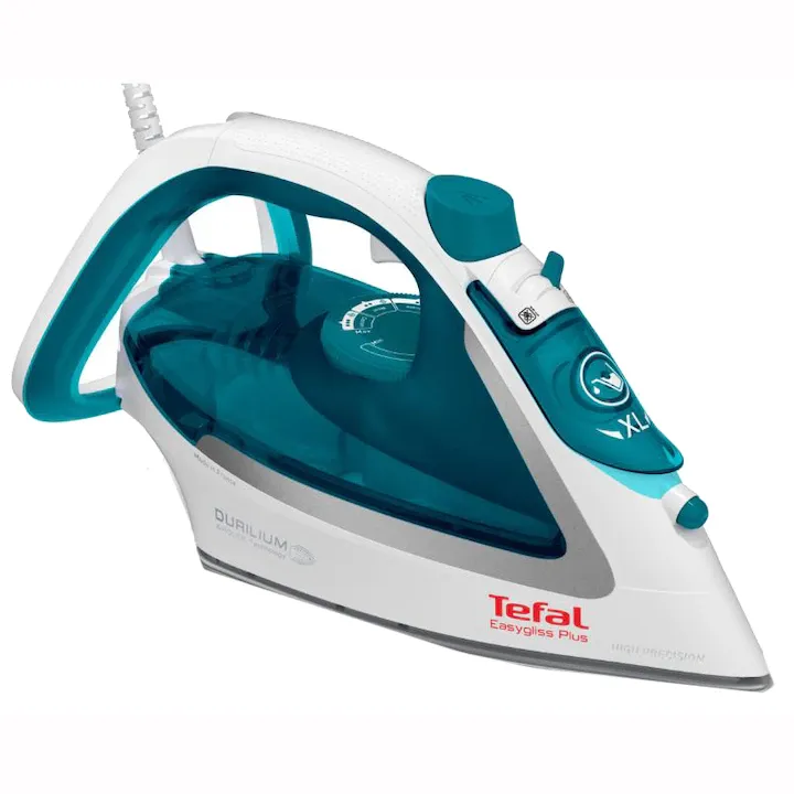 Fier de calcat Tefal EasyGliss Plus FV5718E0, 2500W, jet de abur 195 g/min, abur variabil 0-45 g/min, rezervor apa 270 ml, talpa Durilium AirGlide, functie calcare verticala, autosteam, antipicurare, alb & turcoaz