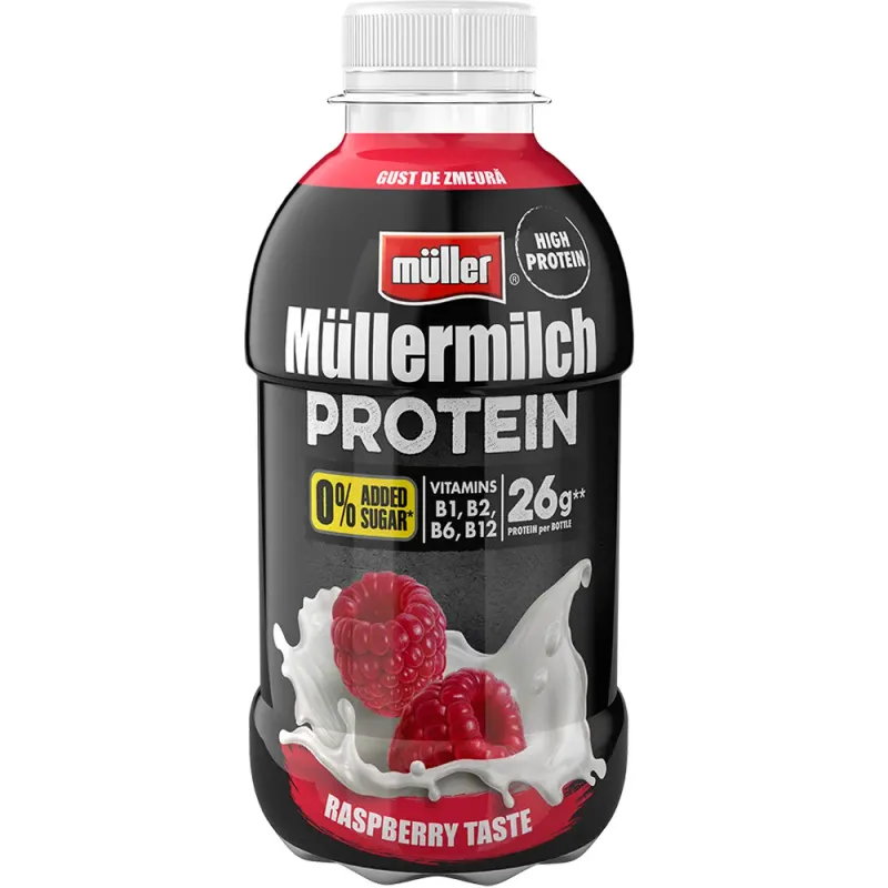 Bautura proteica Muller cu gust de zmeura, fara zahar, 400 g