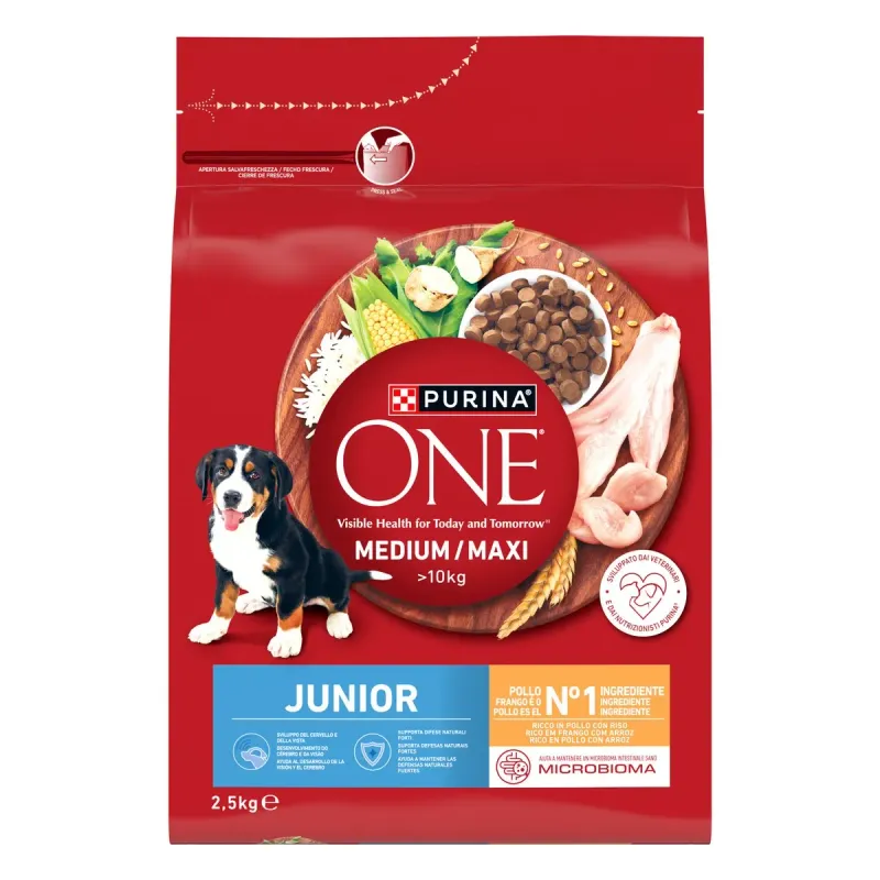 Hrana uscata pentru caini juniori Purina One Medium Maxi Junior, pui si orez, 2.5 kg