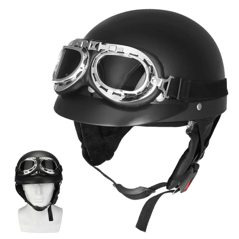 Set casca moto Half Face, Are o buna respirabilitate, Unisex, Cu ochelari de protectie, Captuseala interioara detasabila, usor de curatat, Negru