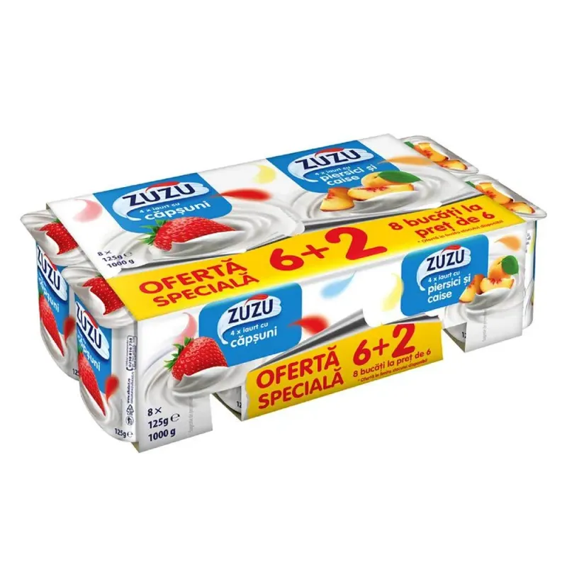 Iaurt cu piersici si capsuni ZuZu, 8 x 125 g