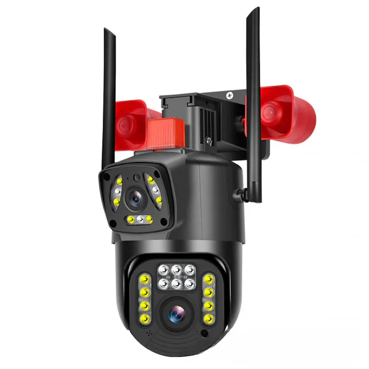 Camera de supraveghere video dubla profesionala, ST DUAL Pro, 6MP, Exterior/Interior, ULTRA HD 2K, zoom, Rotire 355 grade, Leduri lumina rosu/albastru, Functie WiFi, Comunicare Bidirectionala, Senzor Miscare, PTZ, Vedere Noaptea, 2 Sirene, Alarma, Negru
