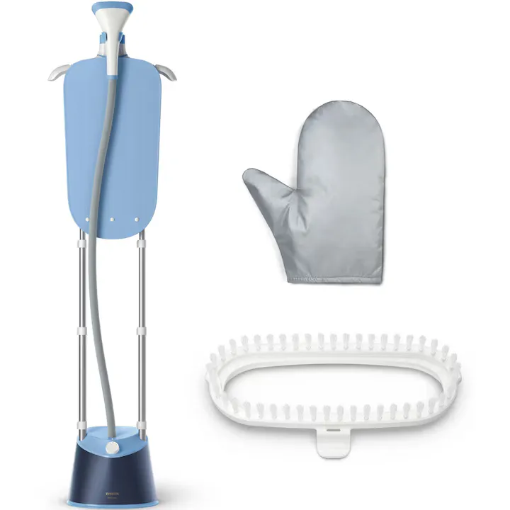 Aparat de calcat vertical cu picior Philips STE1030/20, (2 stalpi susținere) ajustabil pe inalțime, 1800W (240V), capacitate rezervor 1.8L, 3 setari pentru abur, StyleMat, manusa, perie, umeras integrat, albastru