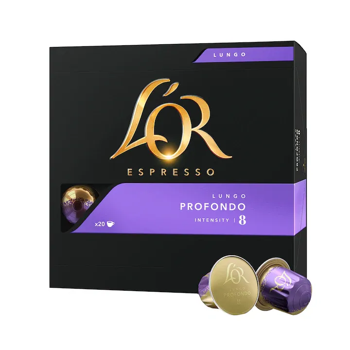 Cafea capsule, L’OR Espresso Lungo Profondo, intensitate 8, 20 bauturi x 110 ml, compatibile Nespresso, 20 buc, 104 g