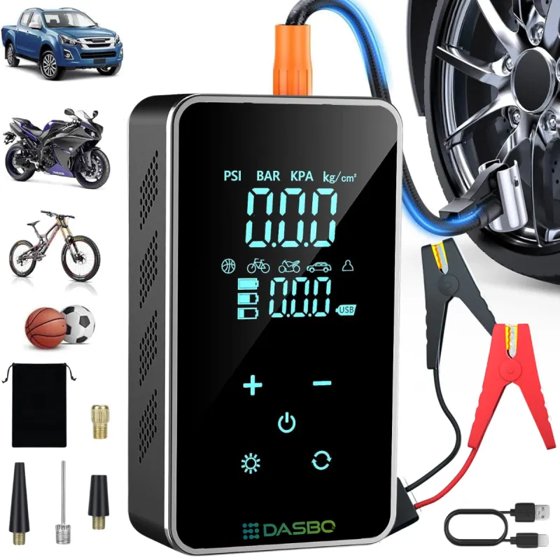 Starter auto portabil cu Compressor Multifunctional 4 in 1, Wireless cu Baterie 10000mAh, pentru motor Benzina sau Diesel, Pompa Anvelope Dasbo® 150 PSI, Starter Baterie, Power Bank, Lanterna LED, Ecran Tactil, Portabil, Clesti inteligenti inclusi