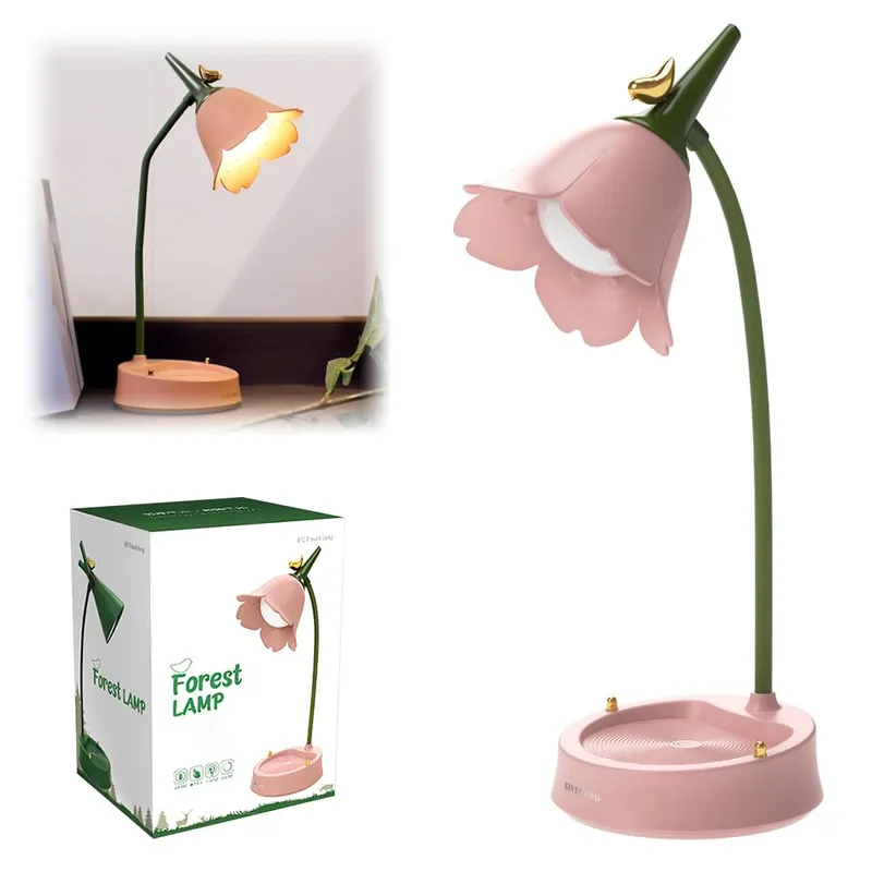 Lampa de birou LED Dnntunk, design floral, 3 moduri de lumina, roz, 39cm