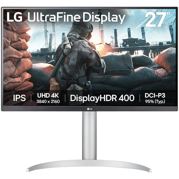 Monitor LED LG 27UP650K-W, 27", UHD (3840x2160), IPS, 60Hz, 5ms (GtG), HDR10, DisplayHDR™ 400, Dynamic Action Sync, Super Resolution+, Flicker Free, Black Stabilizer, HDMI, DP, USB-C, Pivot, Silver